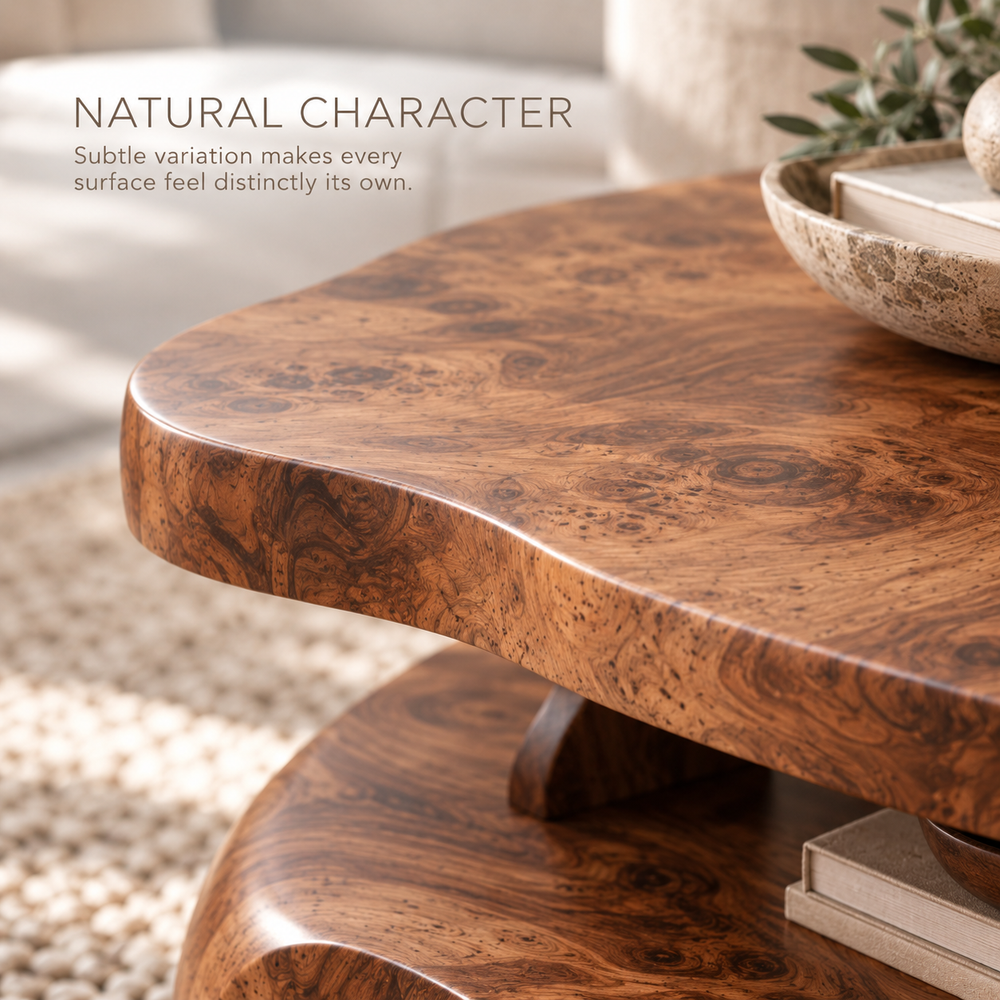 Corin Sculptural Solid Wood Coffee Table - Design 369 - product detail and styling view 4