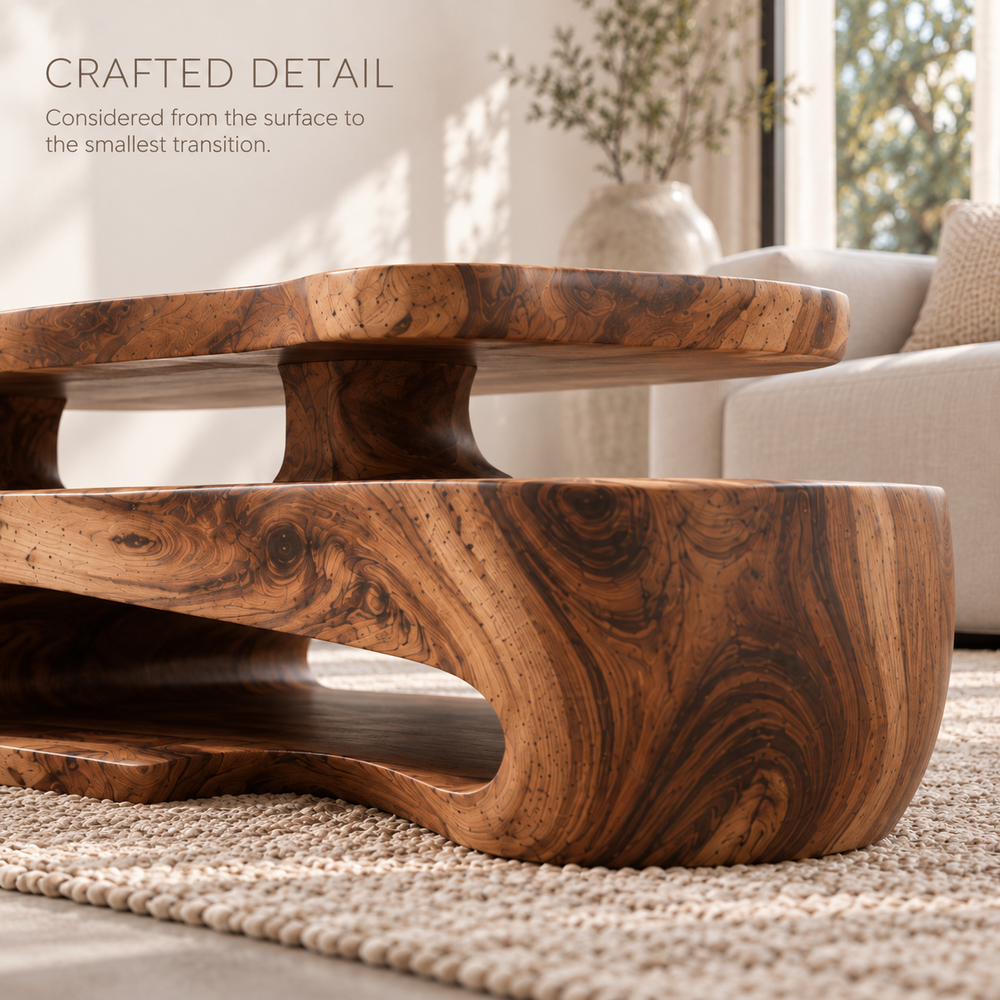Corin Sculptural Solid Wood Coffee Table - Design 369 - product detail and styling view 5