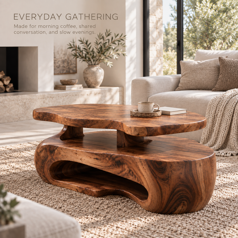 Corin Sculptural Solid Wood Coffee Table - Design 369 - product detail and styling view 6