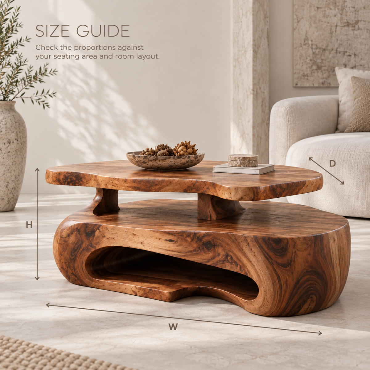 Corin Sculptural Solid Wood Coffee Table - Design 369 - product detail and styling view 7