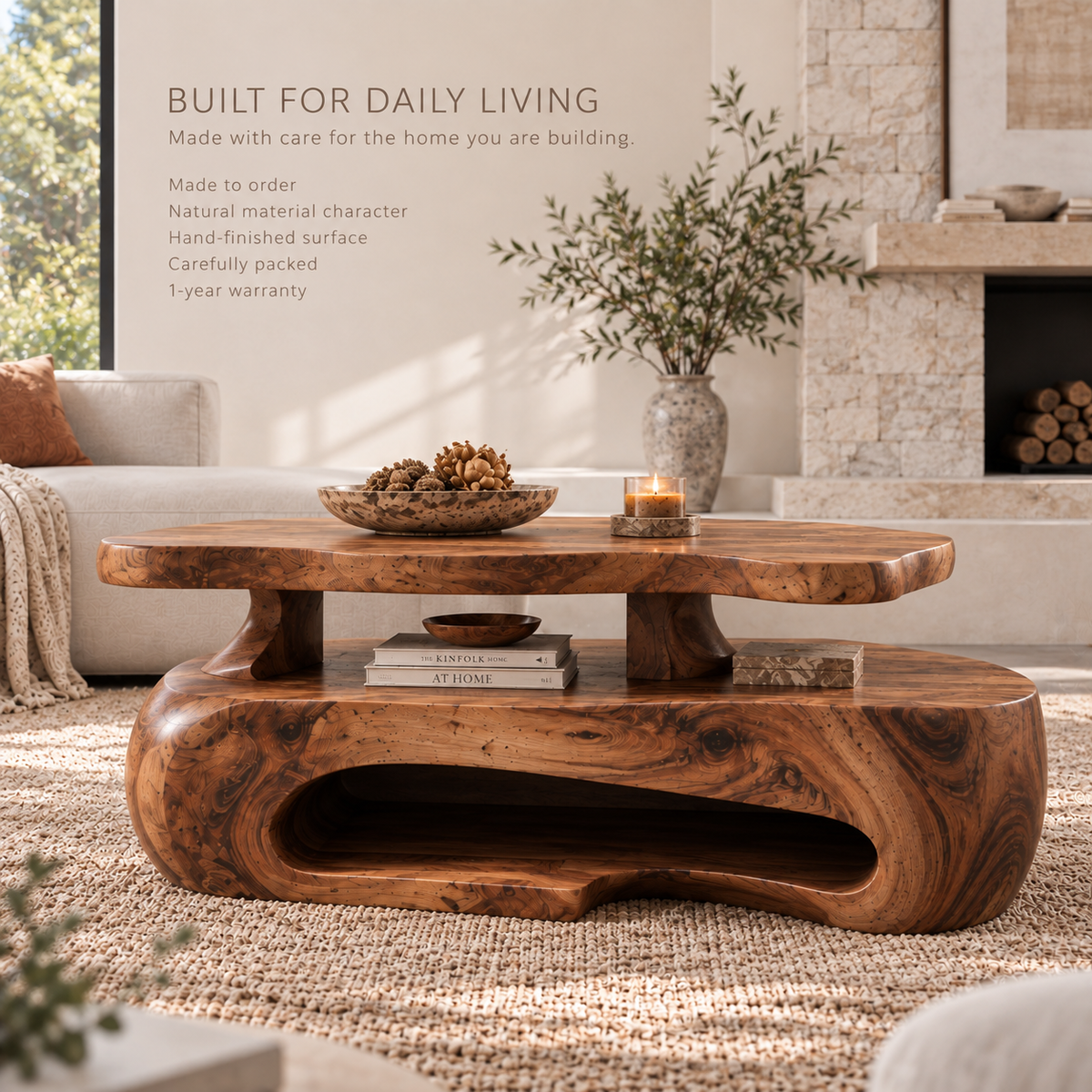 Corin Sculptural Solid Wood Coffee Table - Design 369 - product detail and styling view 8