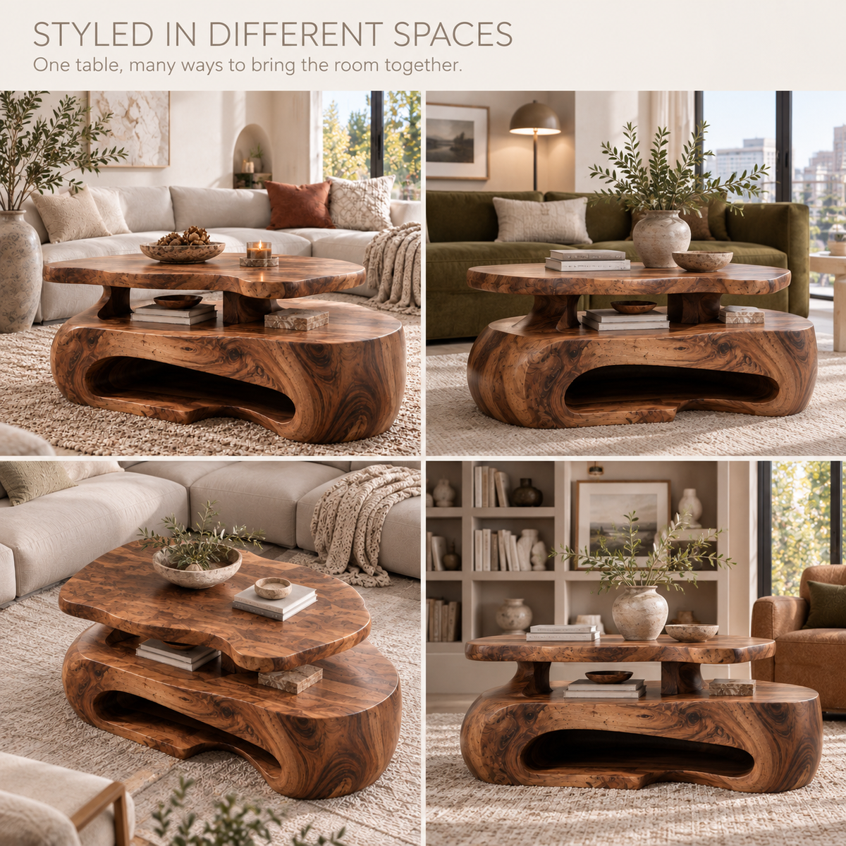 Corin Sculptural Solid Wood Coffee Table - Design 369 - product detail and styling view 9