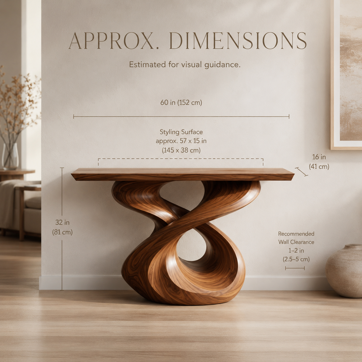 Dune Sculptural Hall Console Table - Dimensions