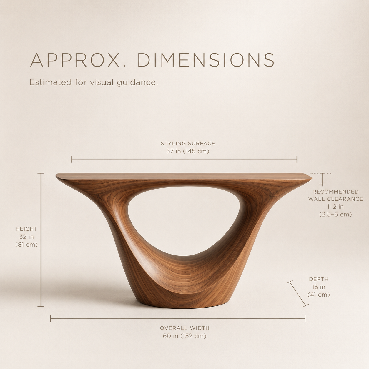 Calla Organic Walnut Console Table - Dimensions