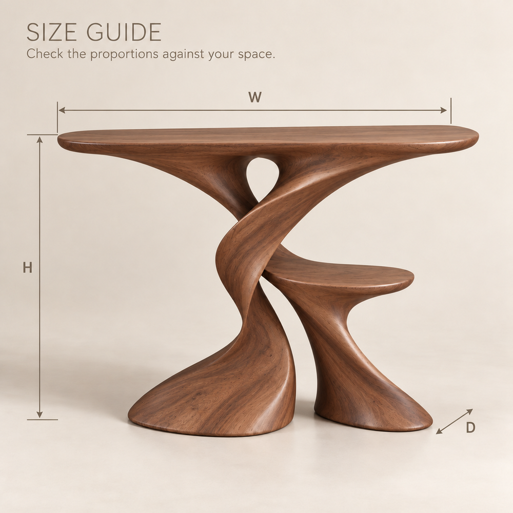 Aurelle Sculptural Solid Wood Console Table - Design 635 - size guide