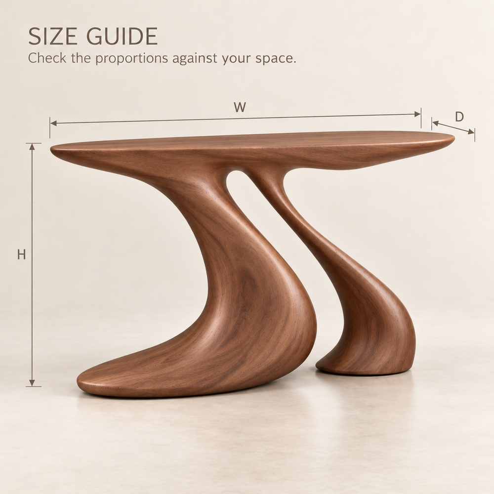 Arden Sculptural Solid Wood Console Table - Design 636 - size guide