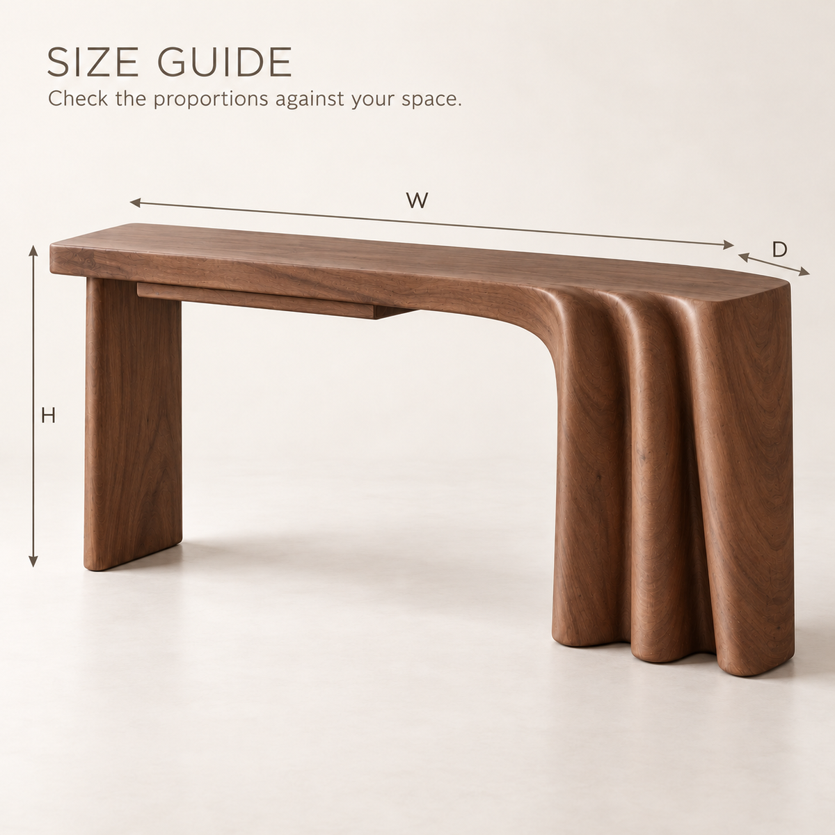 Rowan Sculptural Solid Wood Console Table - Design 638 - size guide