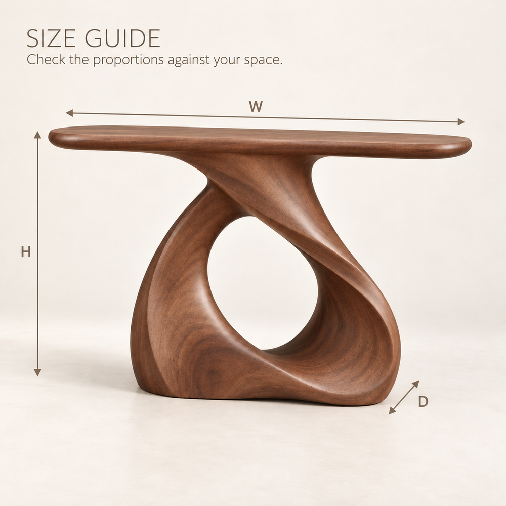 Soren Sculptural Solid Wood Console Table - Design 641 - size guide