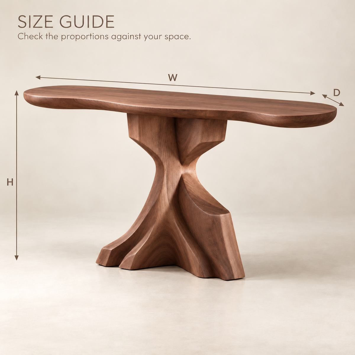 Liora Sculptural Solid Wood Console Table - Design 642 - size guide