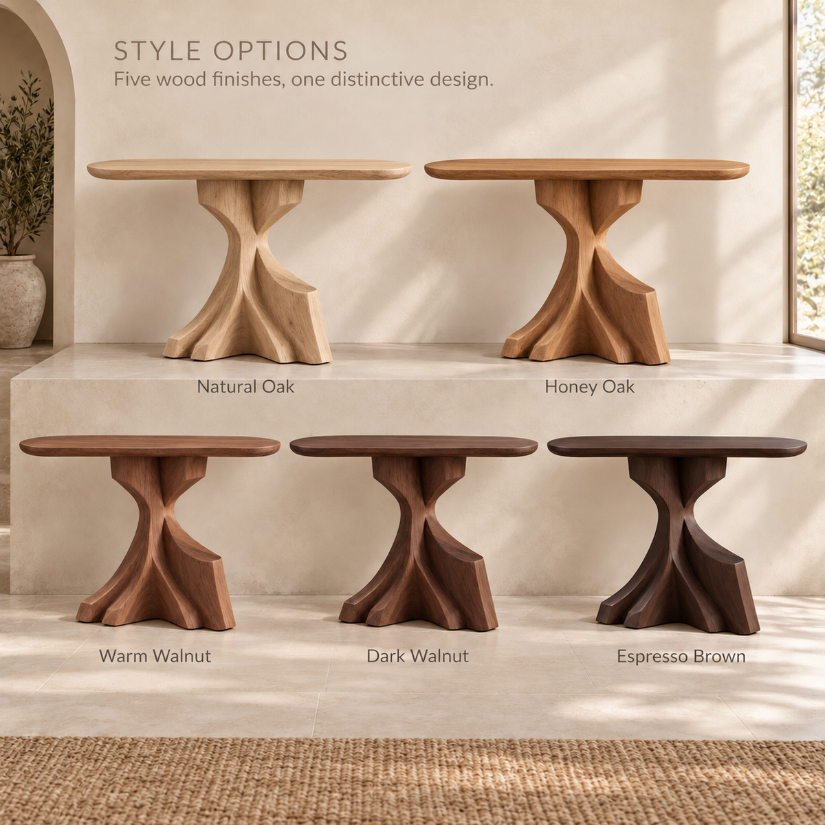 Liora Sculptural Solid Wood Console Table - Design 642 - wood finish options
