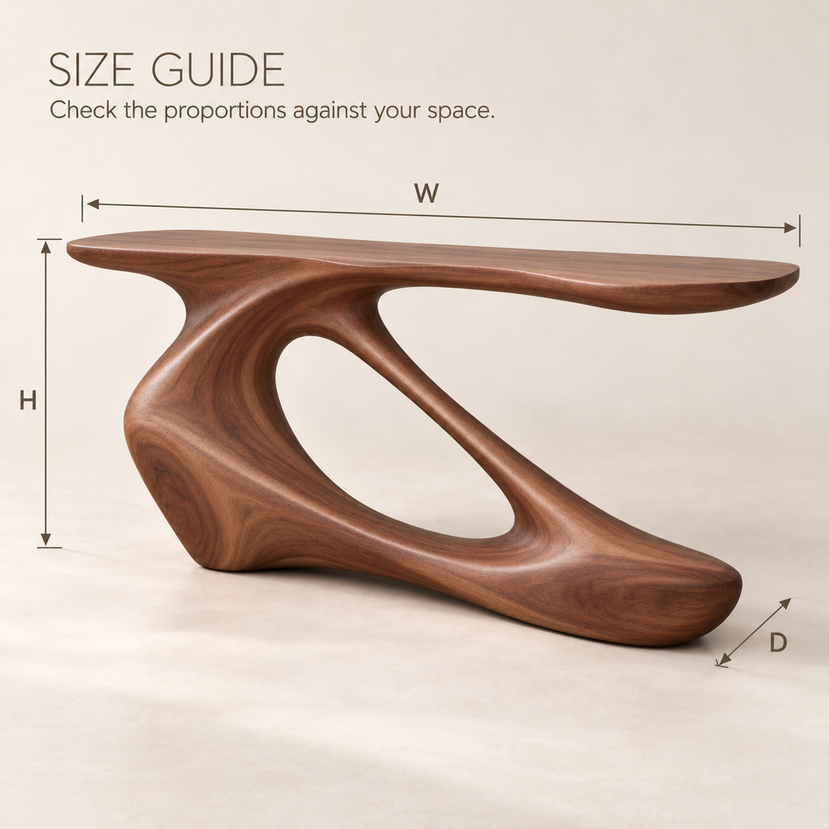 Nolan Sculptural Solid Wood Console Table - Design 643 - size guide