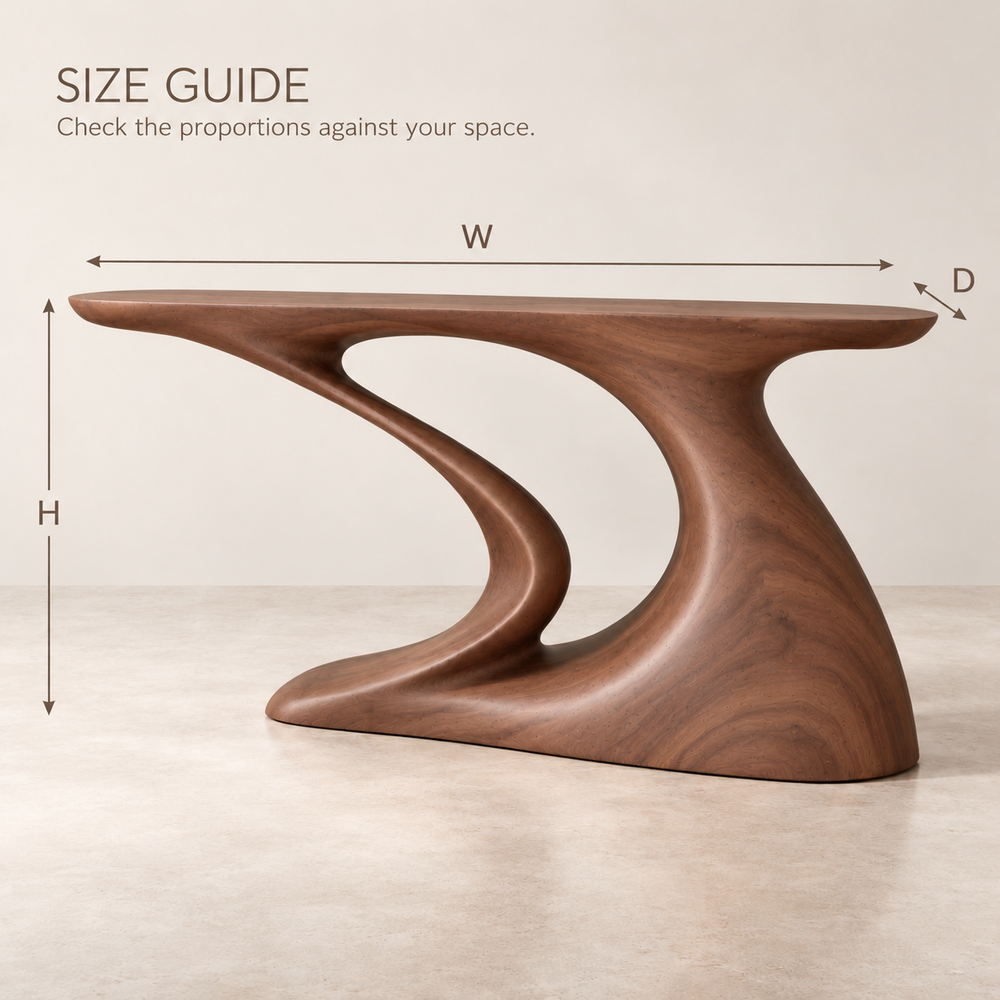 Brielle Sculptural Solid Wood Console Table - Design 644 - size guide