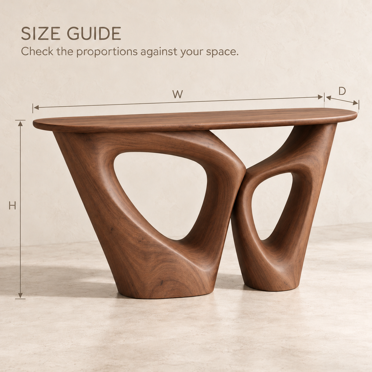 Orin Sculptural Solid Wood Console Table - Design 645 - size guide