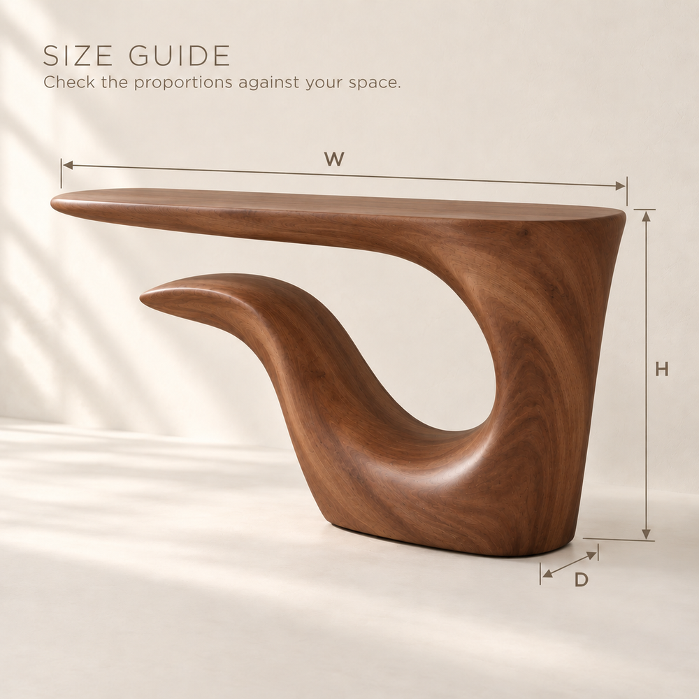 Selene Sculptural Solid Wood Console Table - Design 646 - size guide