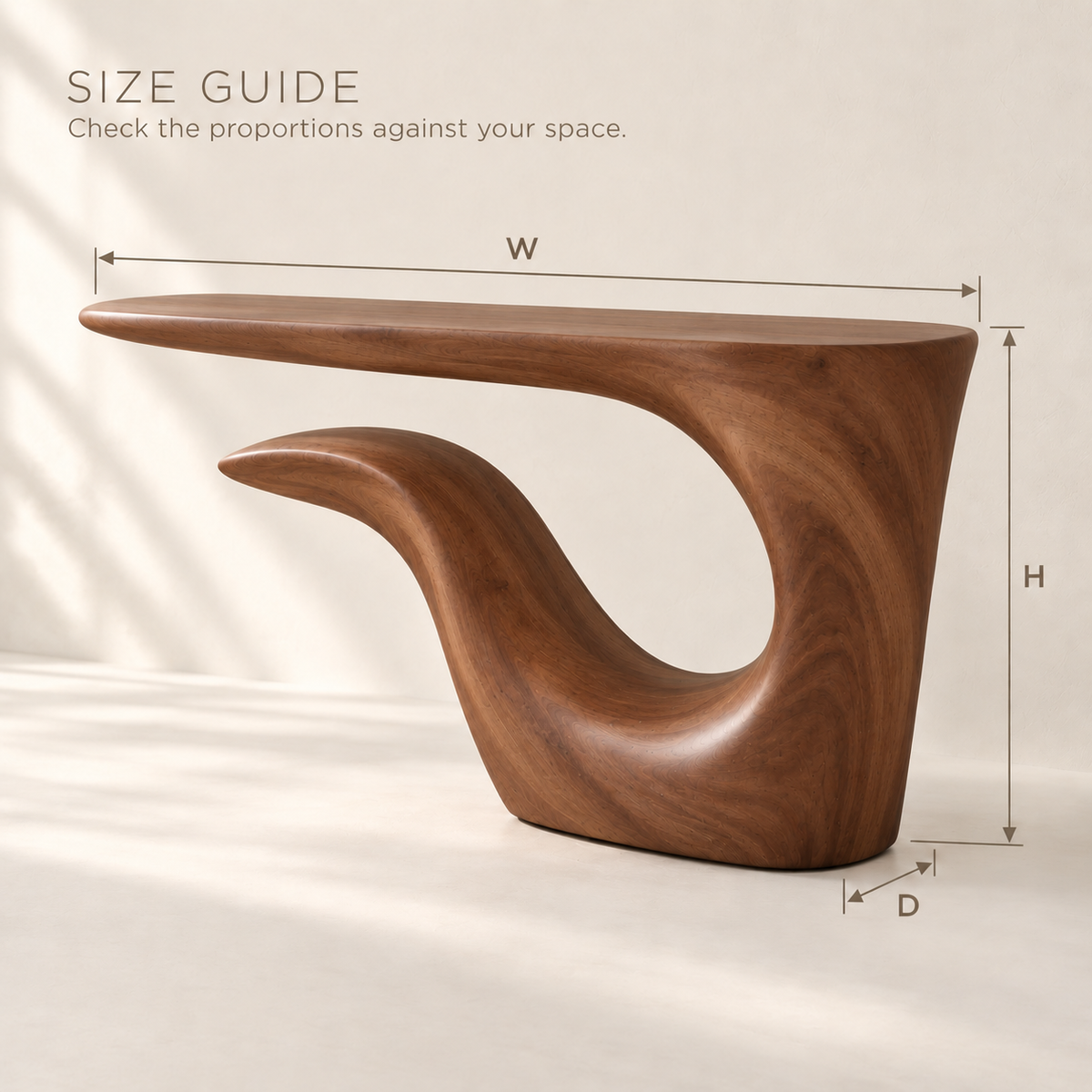 Selene Sculptural Solid Wood Console Table - Design 646 - size guide