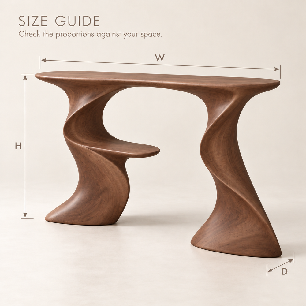 Darian Sculptural Solid Wood Console Table - Design 647 - size guide