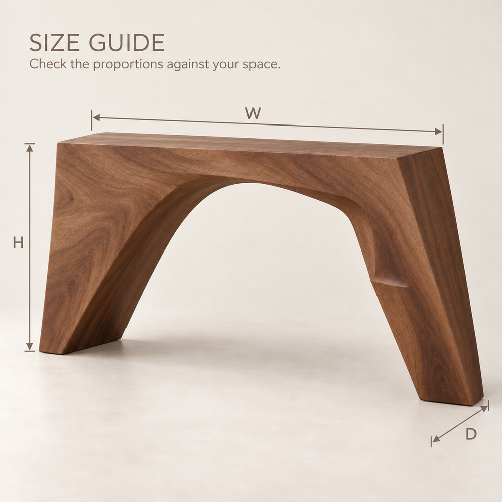 Mira Sculptural Solid Wood Console Table - Design 648 - size guide