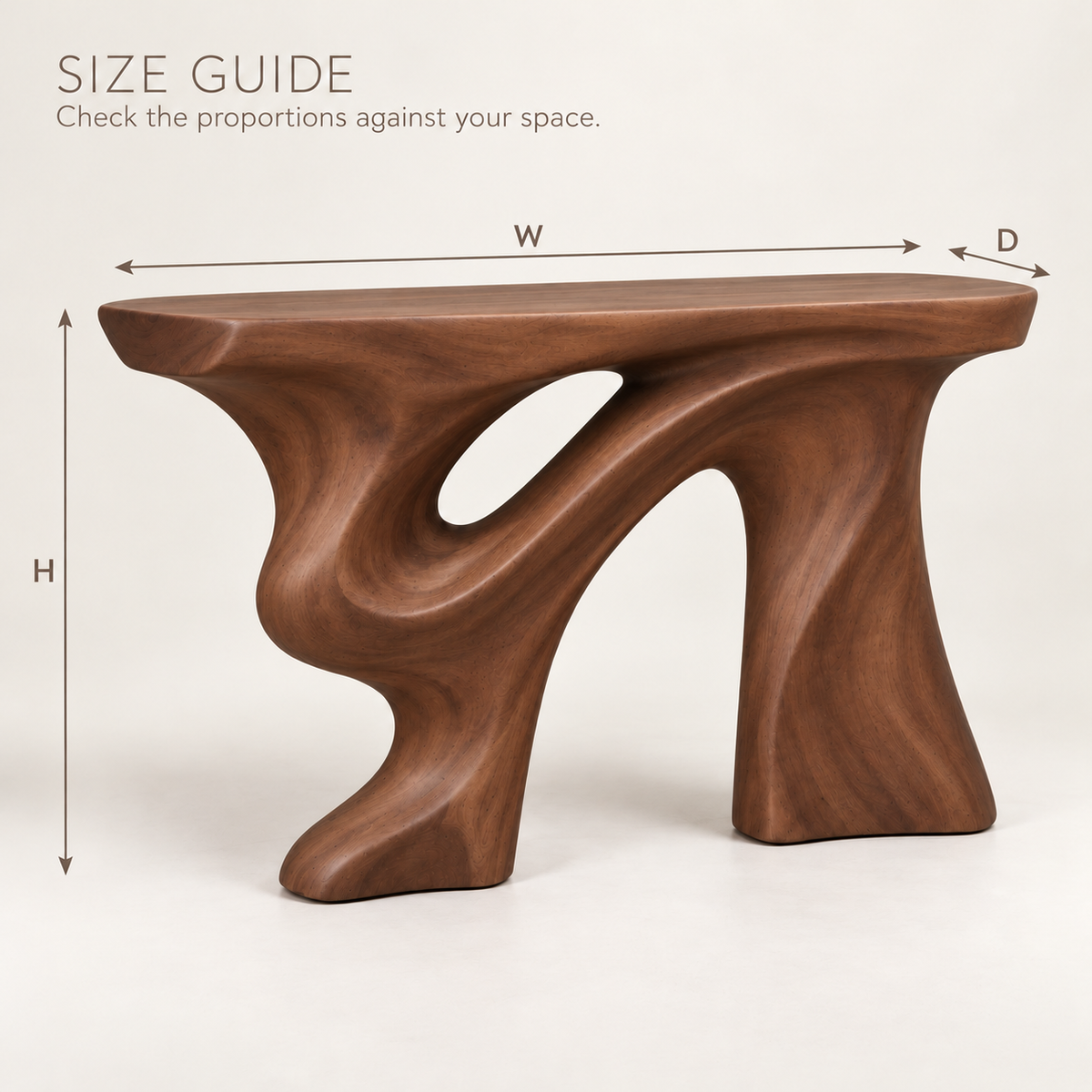 Talia Sculptural Solid Wood Console Table - Design 649 - size guide