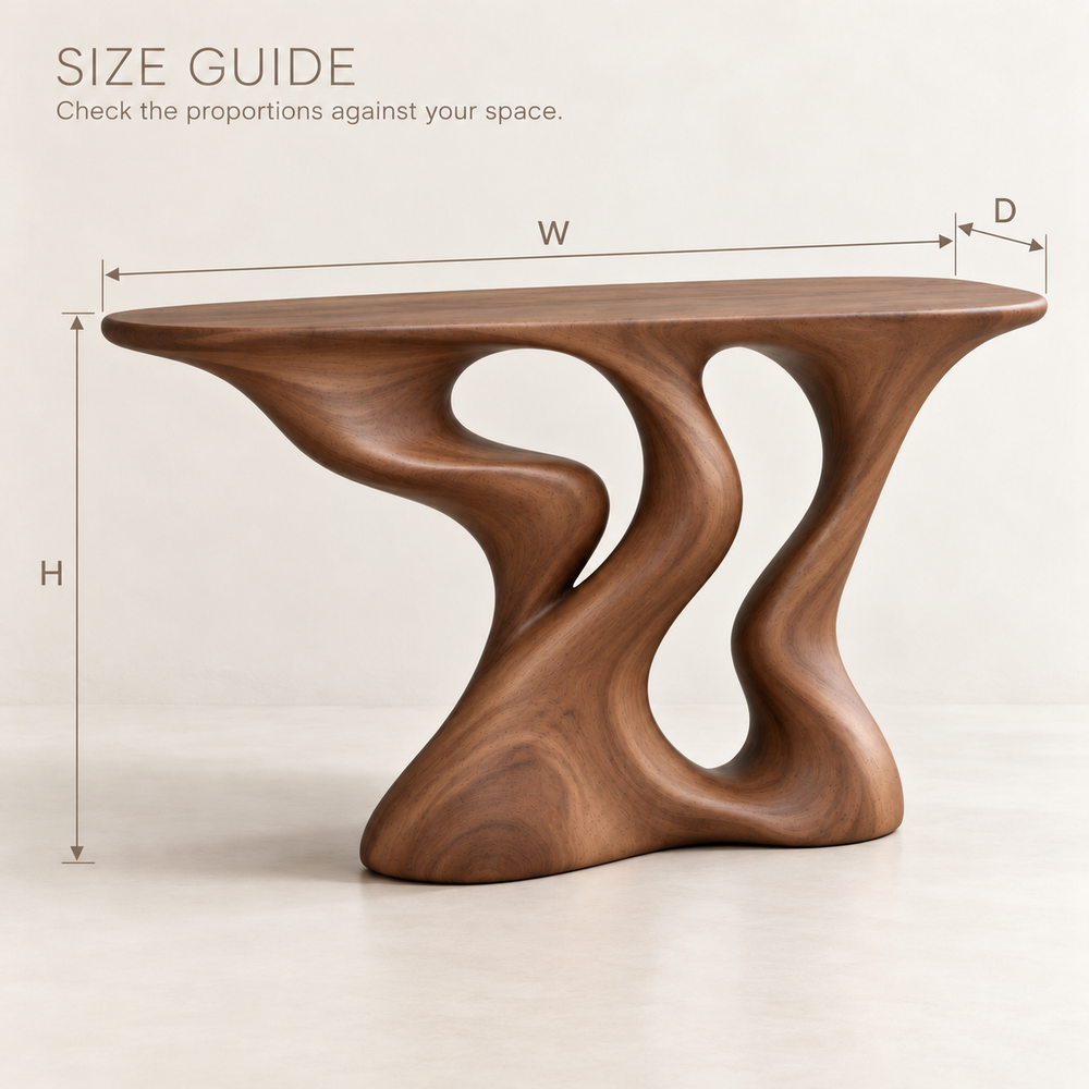 Vale Sculptural Solid Wood Console Table - Design 650 - size guide