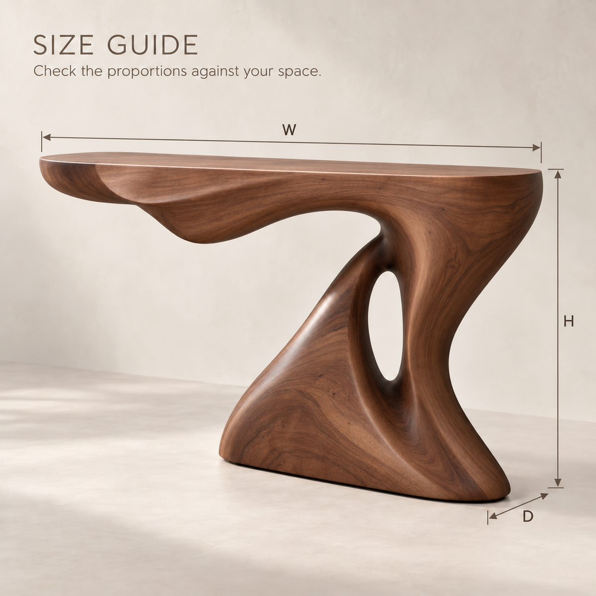 Isla Sculptural Solid Wood Console Table - Design 651 - size guide