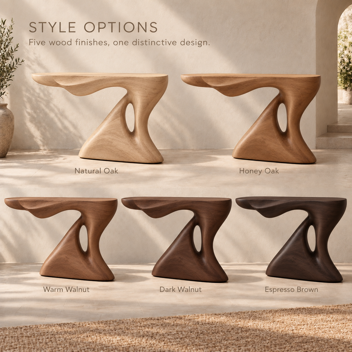 Isla Sculptural Solid Wood Console Table - Design 651 - wood finish options