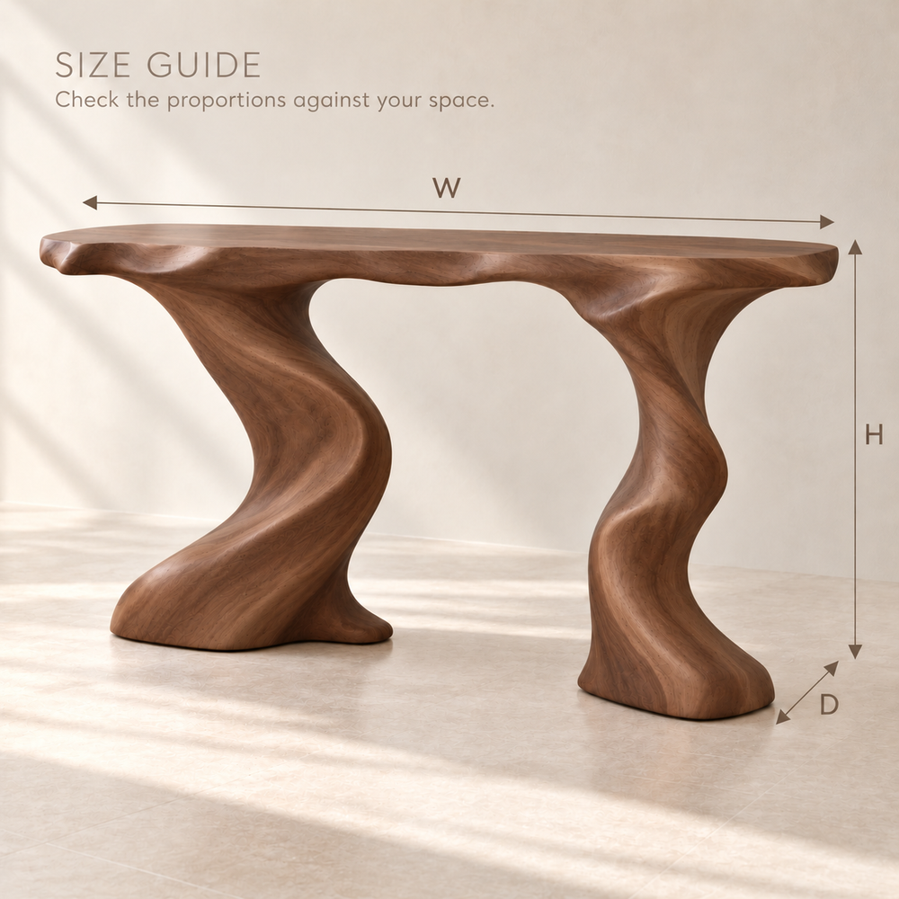 Celine Sculptural Solid Wood Console Table - Design 652 - size guide