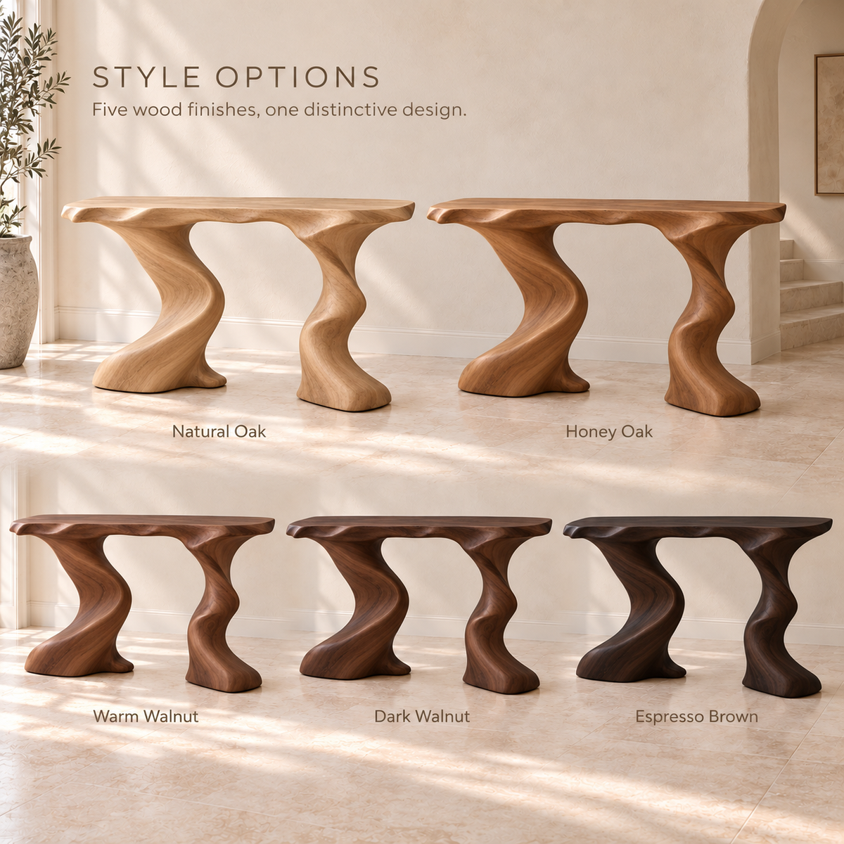 Celine Sculptural Solid Wood Console Table - Design 652 - wood finish options