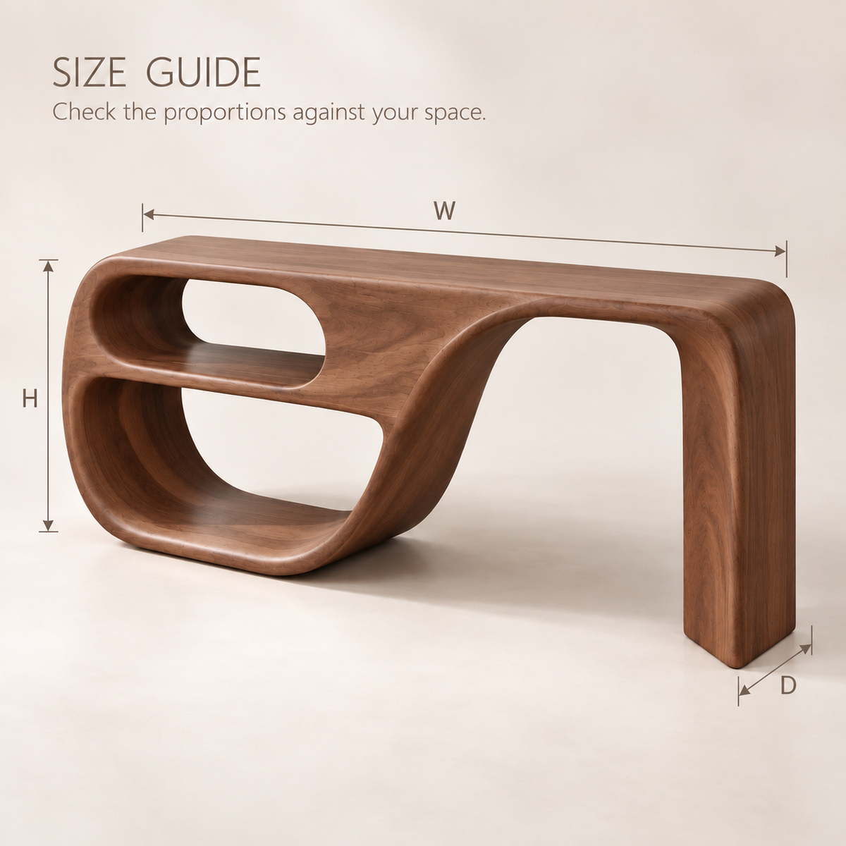 Alden Sculptural Solid Wood Console Table - Design 653 - size guide