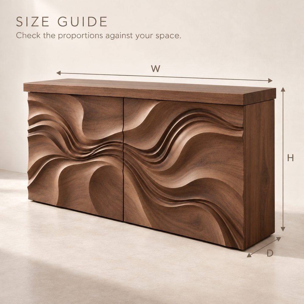 Eira Sculptural Solid Wood Console Table - Design 654 - size guide