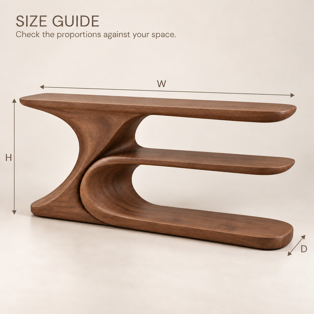 Kaia Sculptural Solid Wood Console Table - Design 655 - size guide