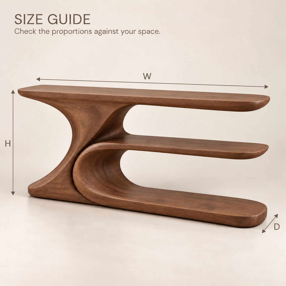 Kaia Sculptural Solid Wood Console Table - Design 655 - size guide