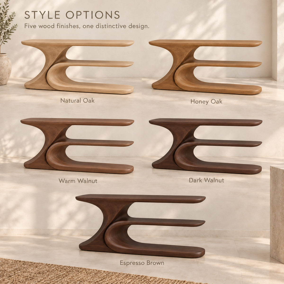 Kaia Sculptural Solid Wood Console Table - Design 655 - wood finish options