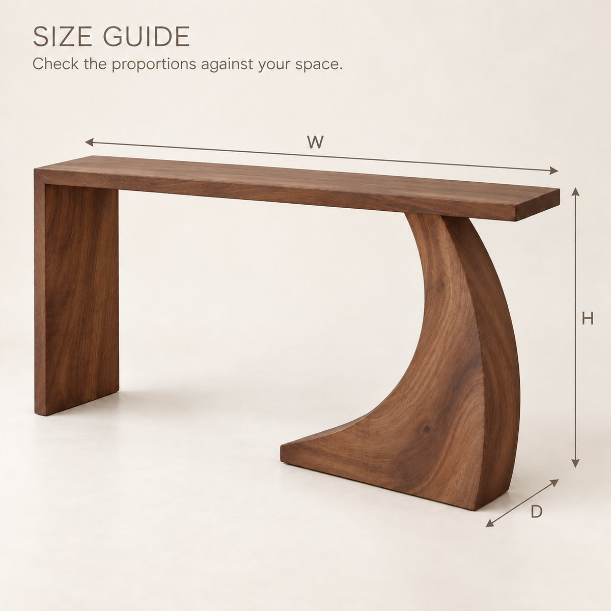 Remy Sculptural Solid Wood Console Table - Design 656 - size guide