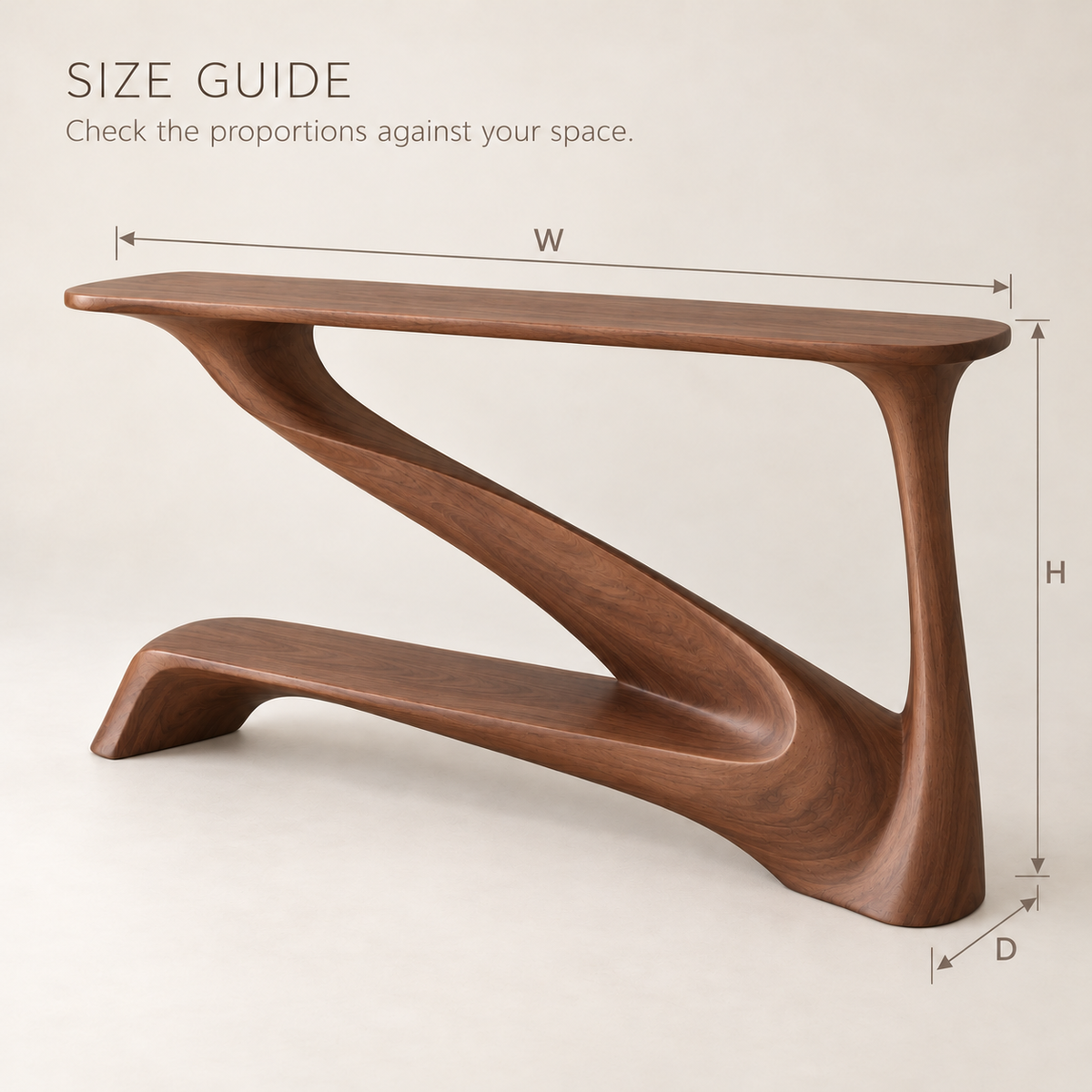 Brisa Sculptural Solid Wood Console Table - Design 657 - size guide