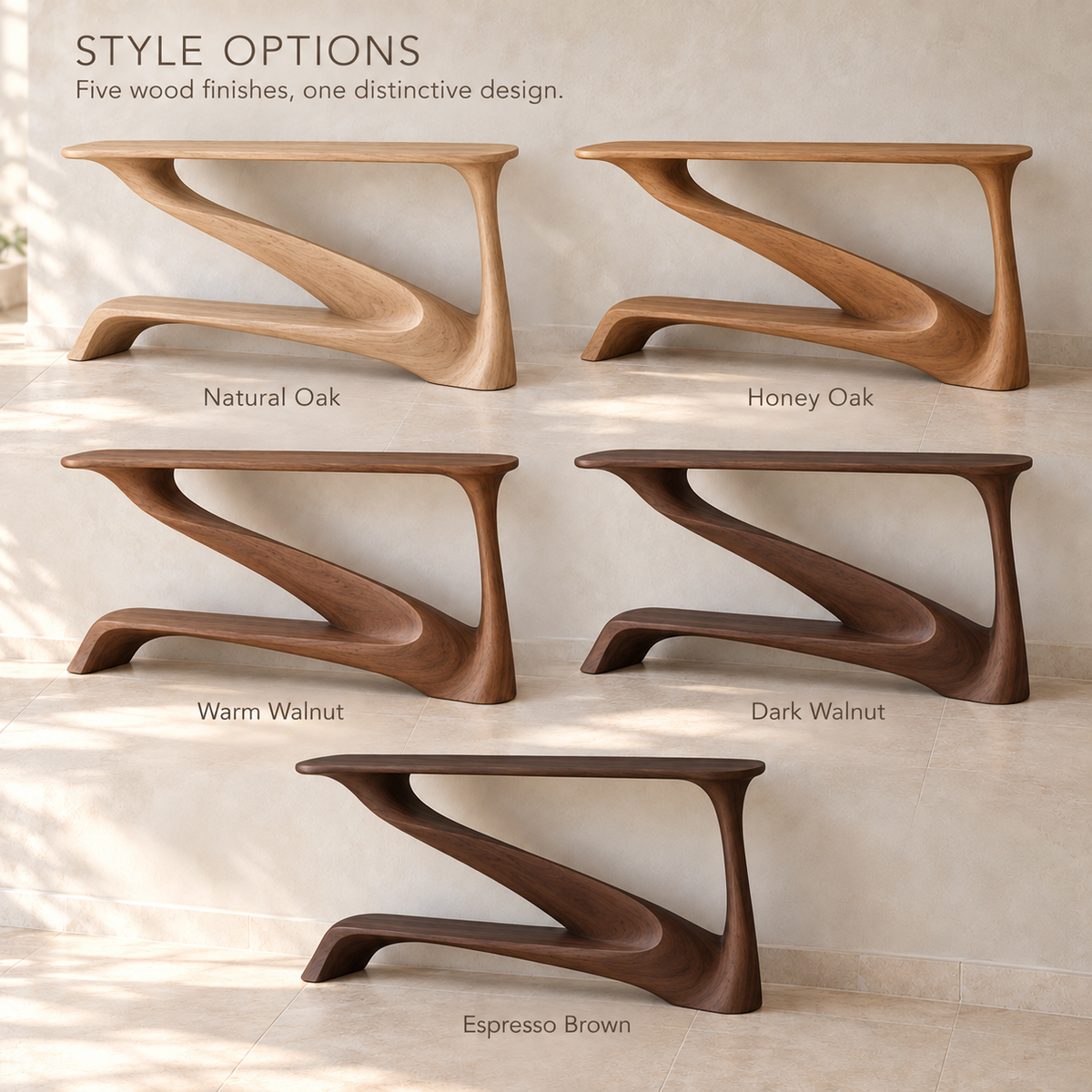 Brisa Sculptural Solid Wood Console Table - Design 657 - wood finish options