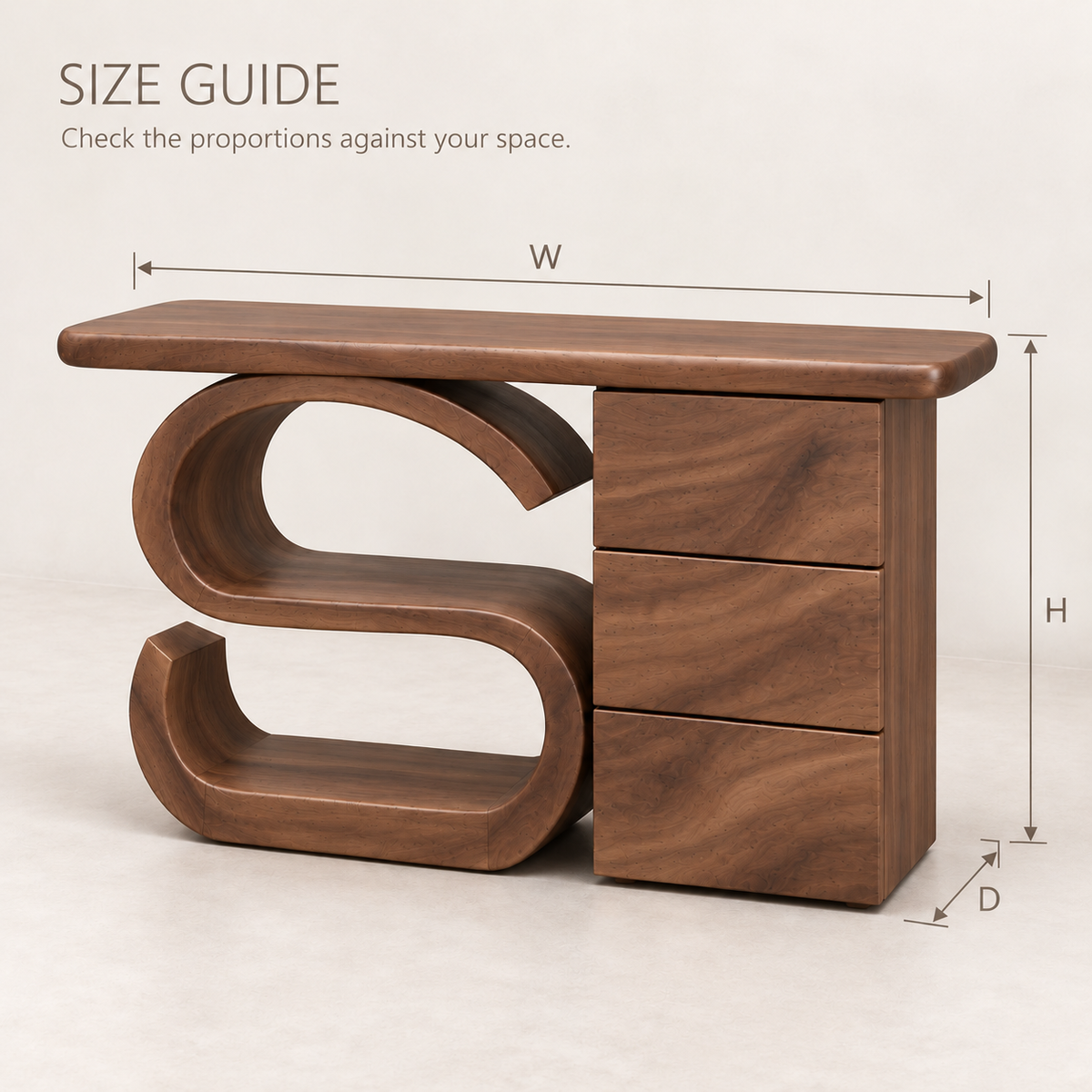 Maren Sculptural Solid Wood Console Table - Design 658 - size guide