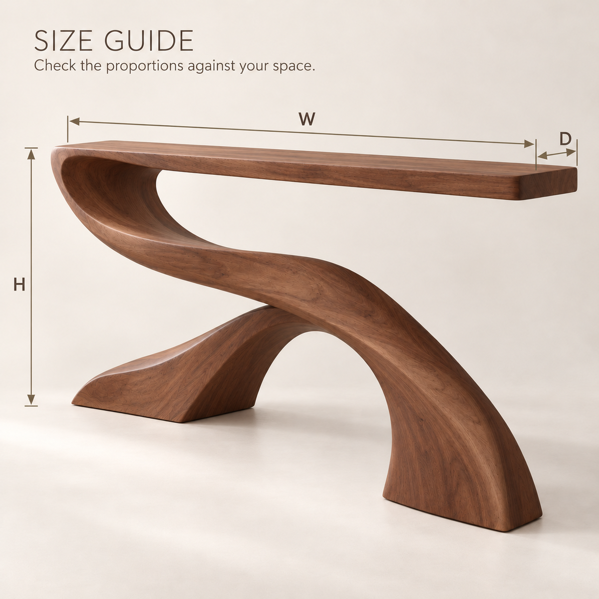 Solene Sculptural Solid Wood Console Table - Design 659 - size guide