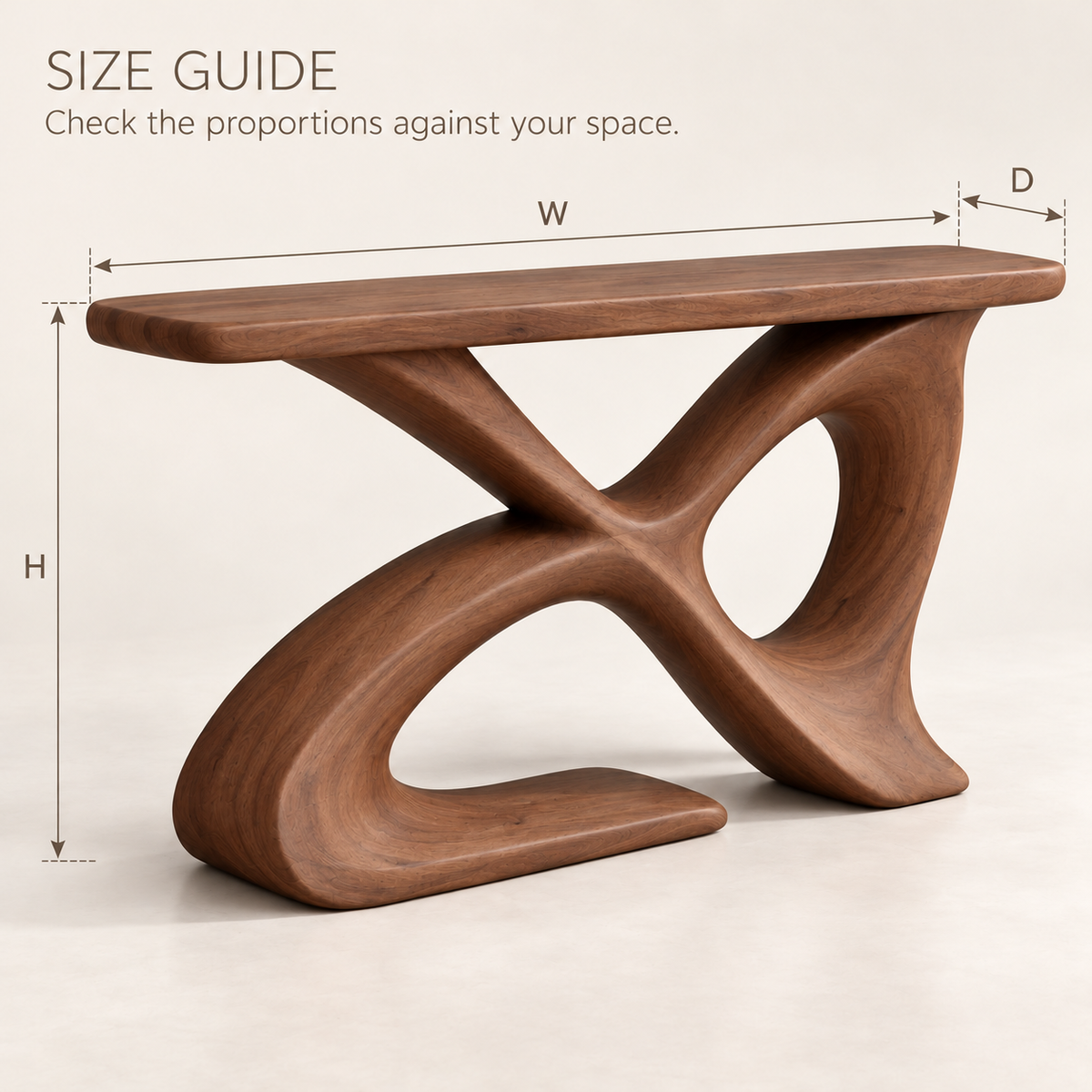 Avira Sculptural Solid Wood Console Table - Design 660 - size guide
