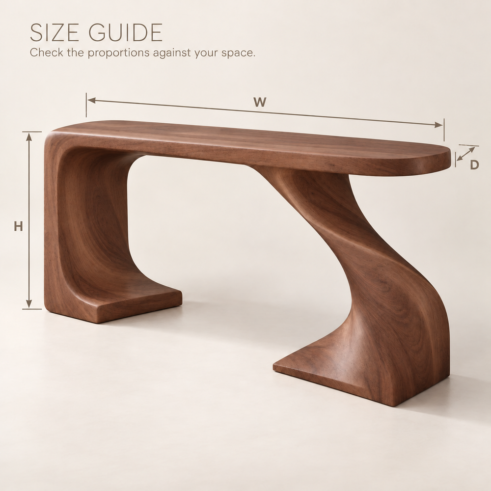 Lorien Sculptural Solid Wood Console Table - Design 661 - size guide