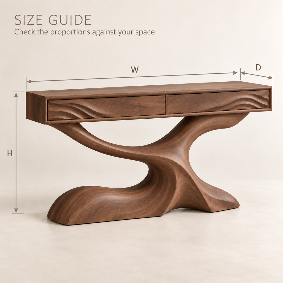 Cassian Sculptural Solid Wood Console Table - Design 662 - size guide