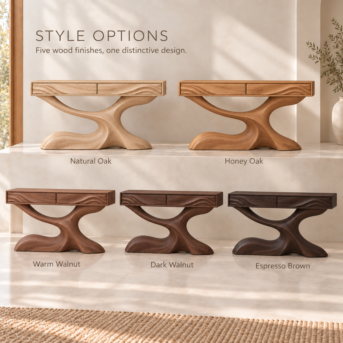 Cassian Sculptural Solid Wood Console Table - Design 662 - wood finish options
