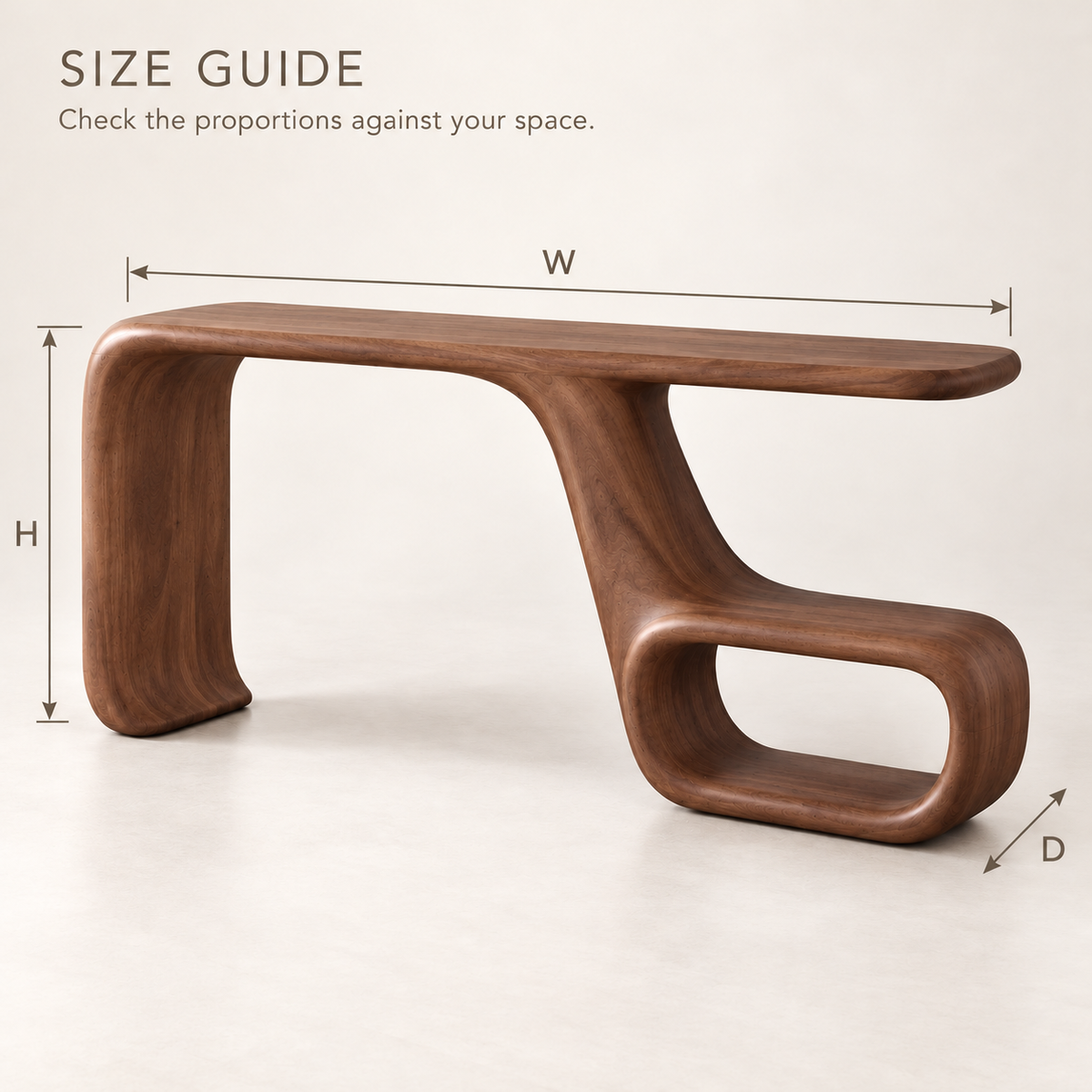 Noelle Sculptural Solid Wood Console Table - Design 664 - size guide