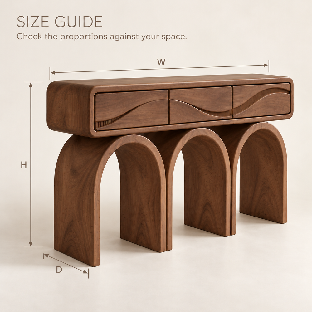 Elian Sculptural Solid Wood Console Table - Design 665 - size guide