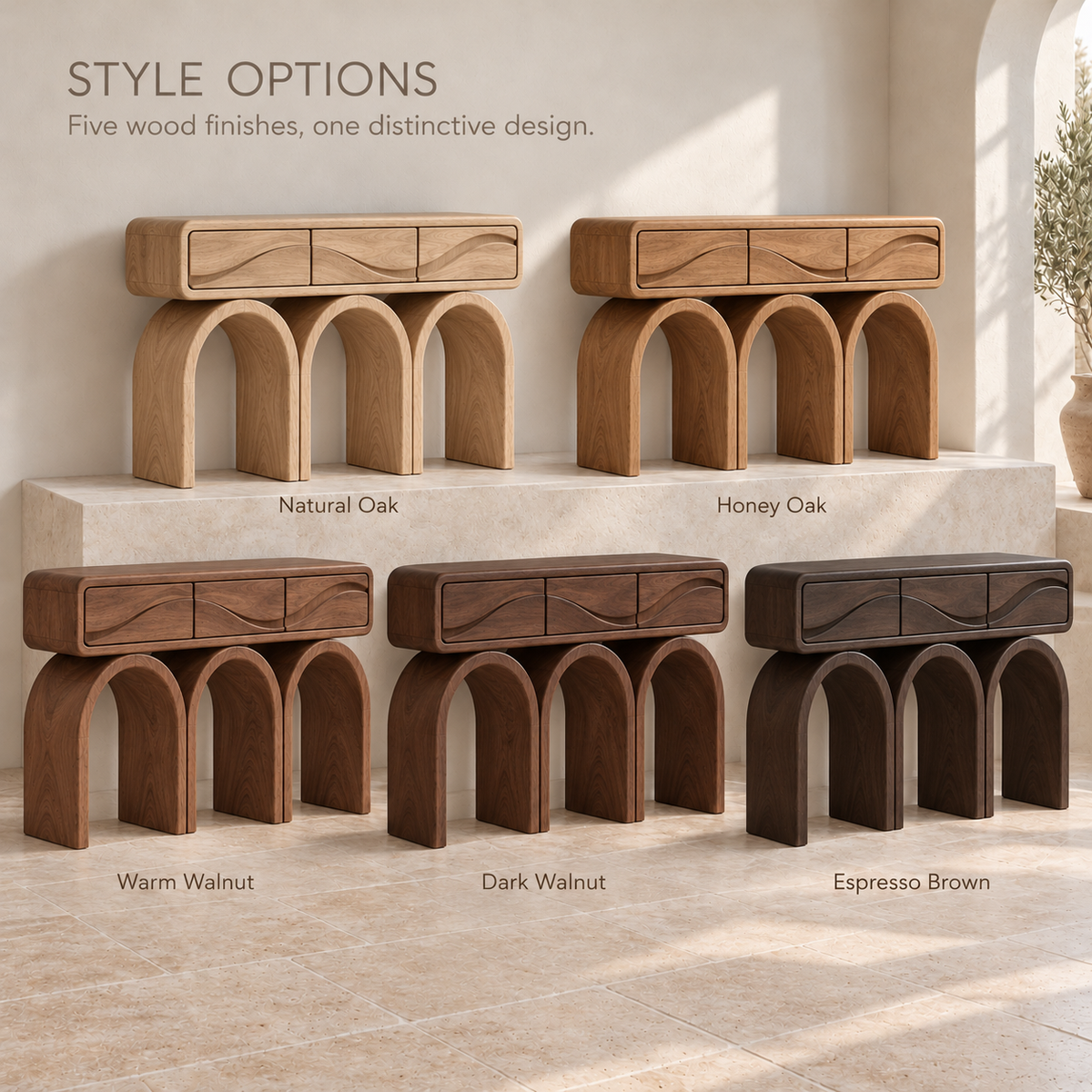 Elian Sculptural Solid Wood Console Table - Design 665 - wood finish options