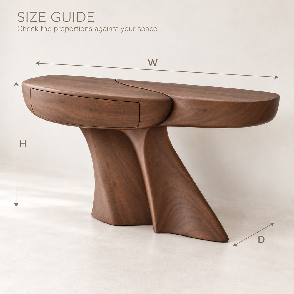 Seraph Sculptural Solid Wood Console Table - Design 666 - size guide
