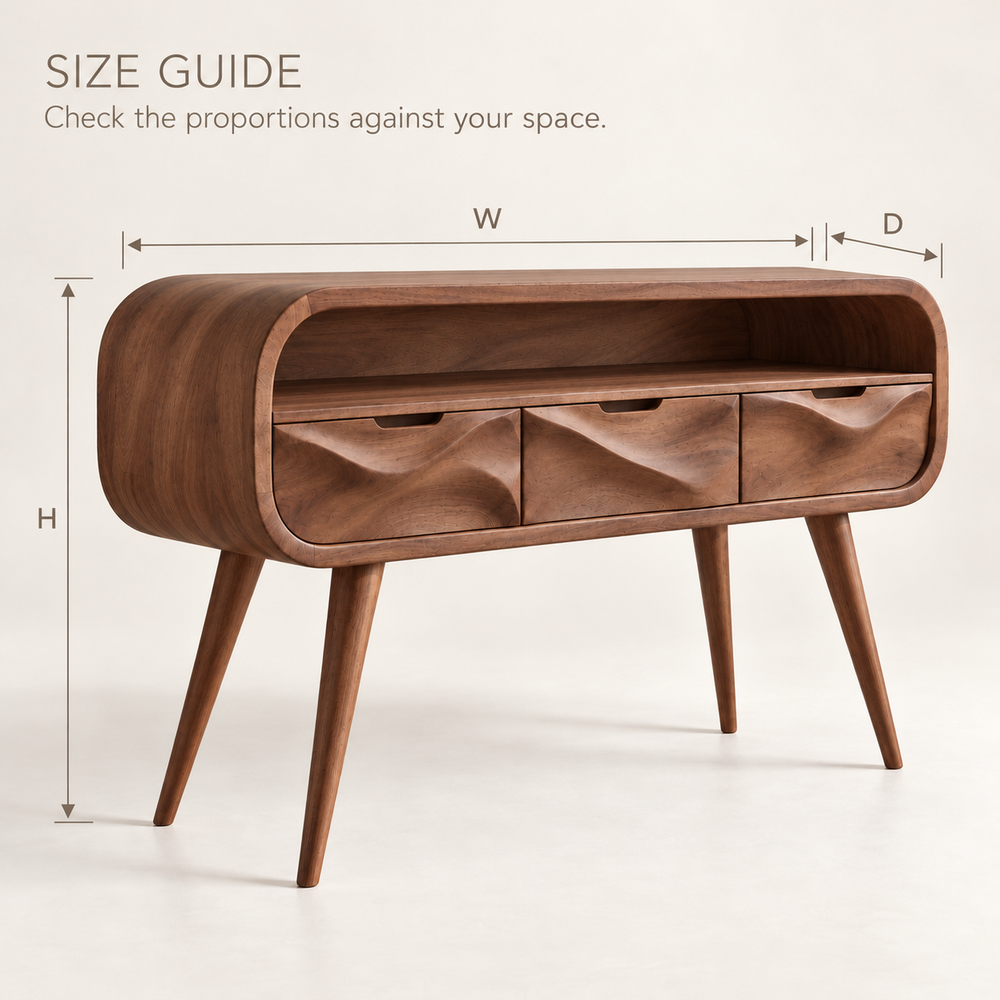 Maelle Sculptural Solid Wood Console Table - Design 667 - size guide