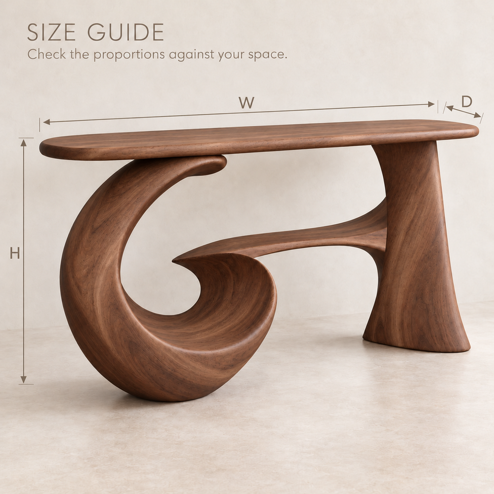 Corin Sculptural Solid Wood Console Table - Design 668 - size guide