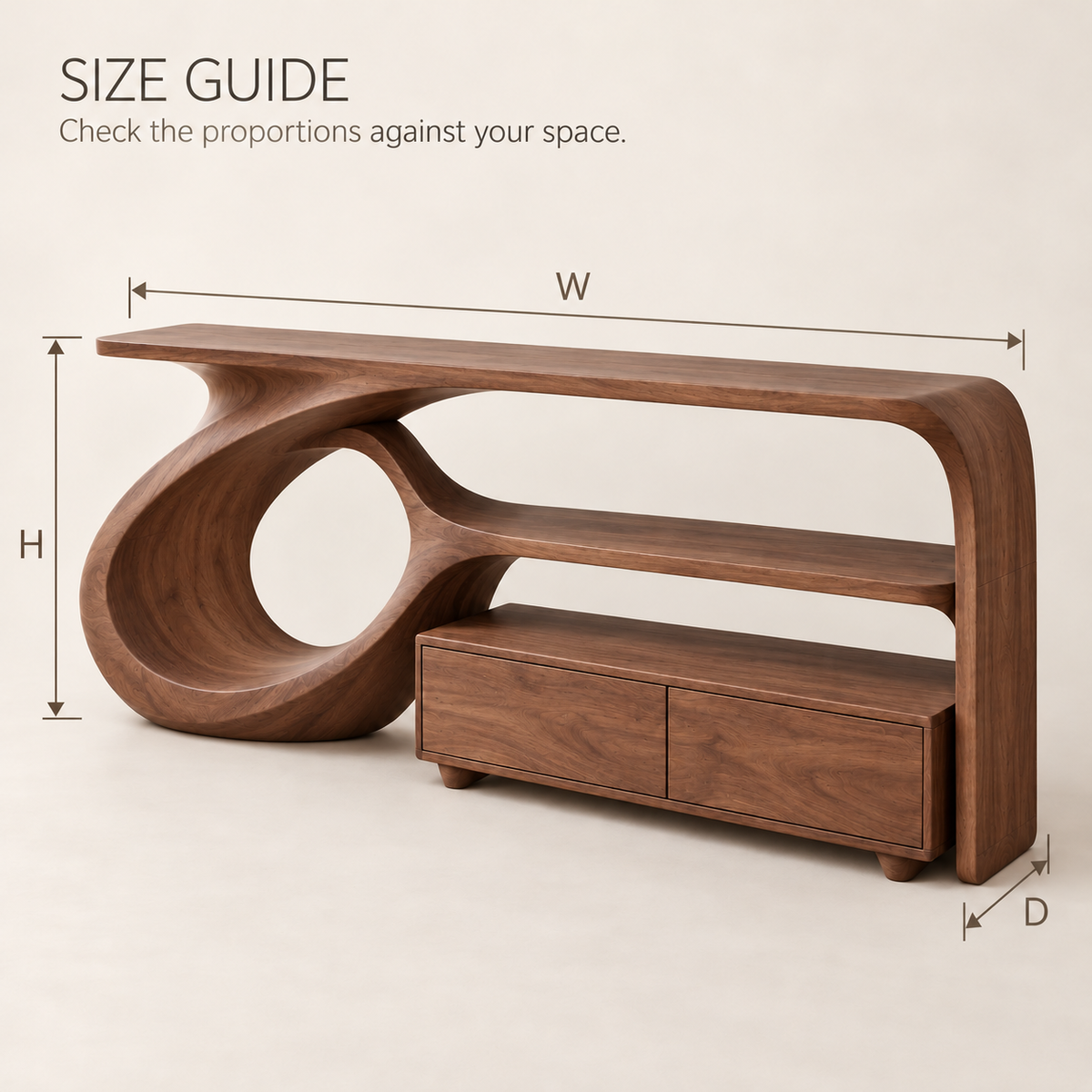 Amara Sculptural Solid Wood Console Table - Design 669 - size guide