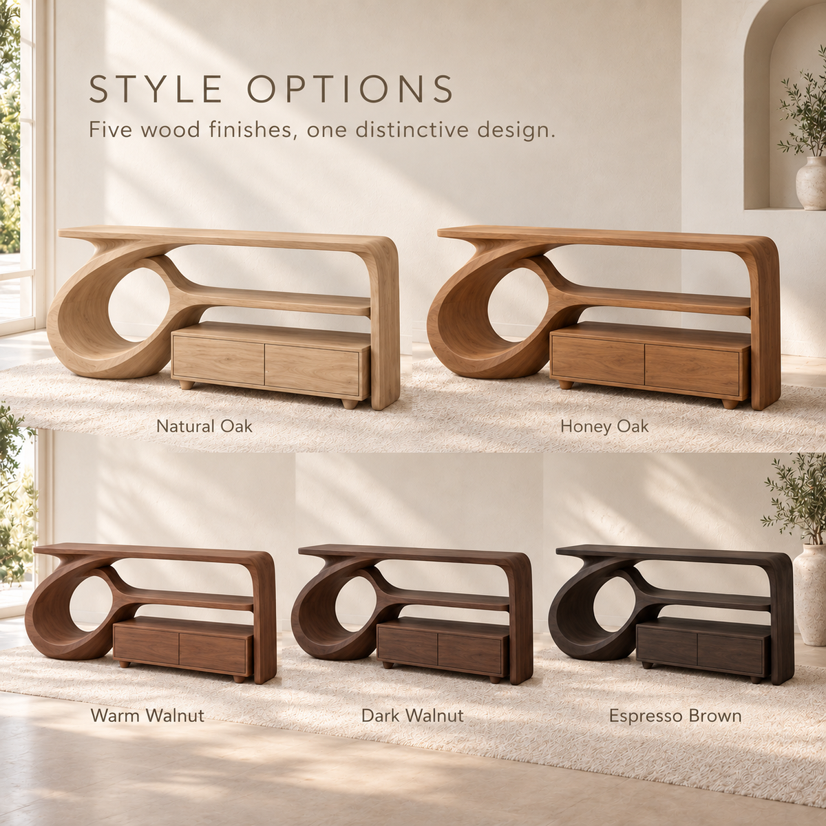Amara Sculptural Solid Wood Console Table - Design 669 - wood finish options