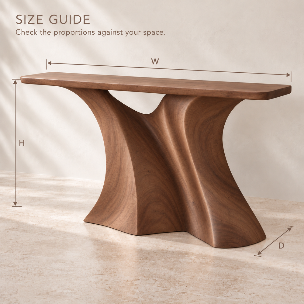 Theron Sculptural Solid Wood Console Table - Design 670 - size guide
